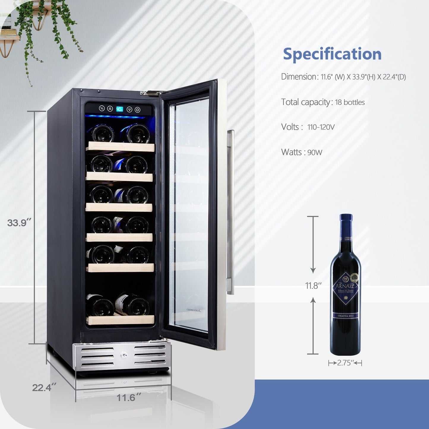 18 Bottle Single Zone Freestanding Wine Refrigerator Wine Cooler Touch Control