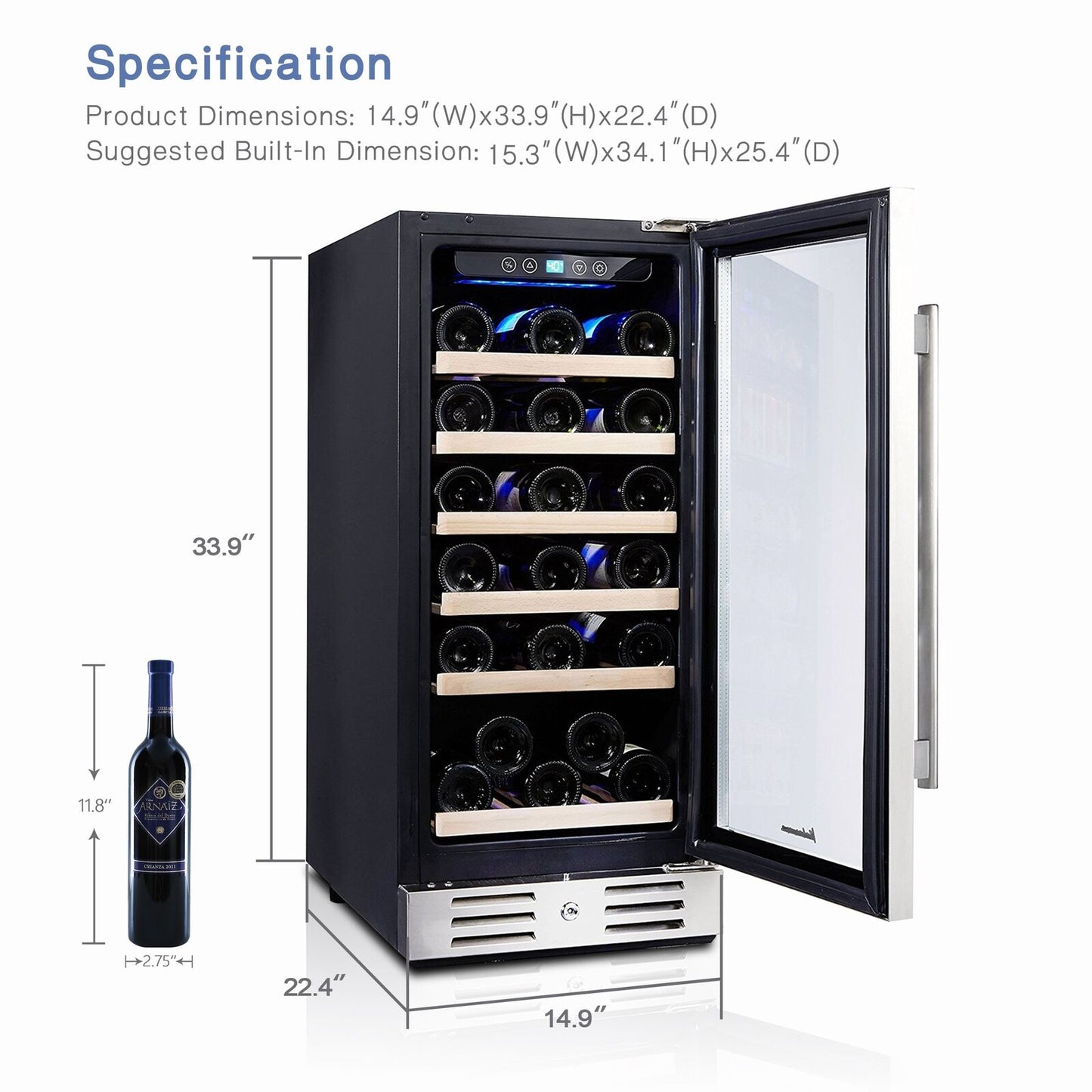 Kalamera 15'' Wine Cooler 30 Bottle Built-in or Freestanding with Stainless S...