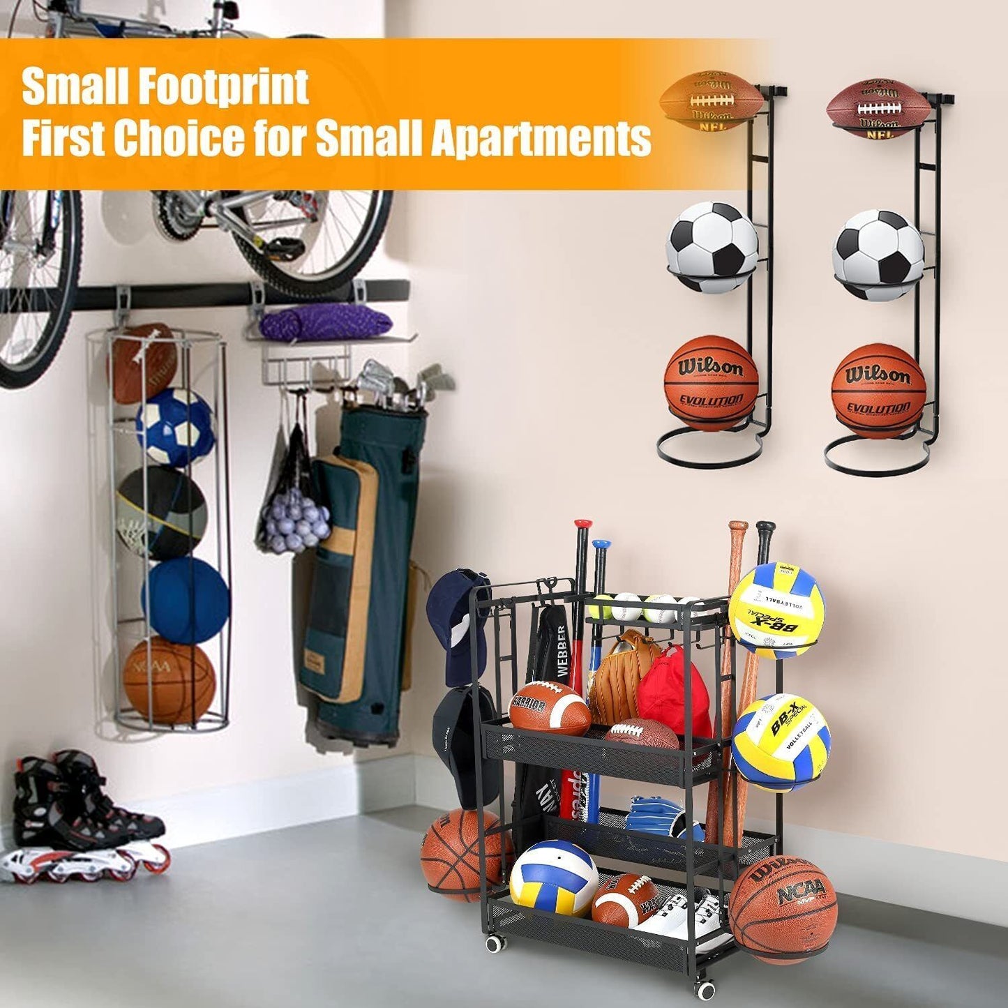 Jubao Garage Ball Storage Rack Rolling Sports Rack Organizer with Casters Whe...