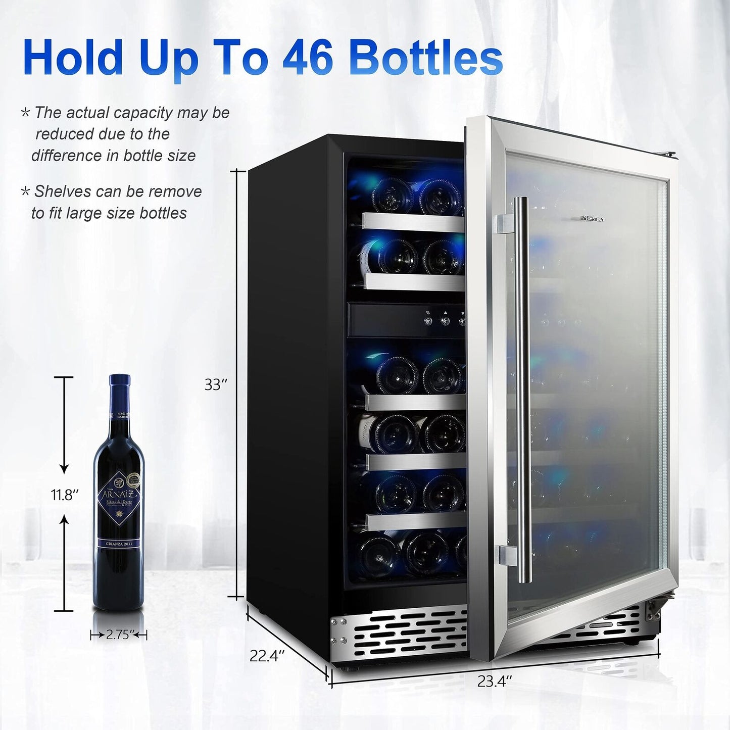 Phiestina 24 Inch Under Counter Wine Cooler - 46 Bottle Built-In Dual Zone Co...