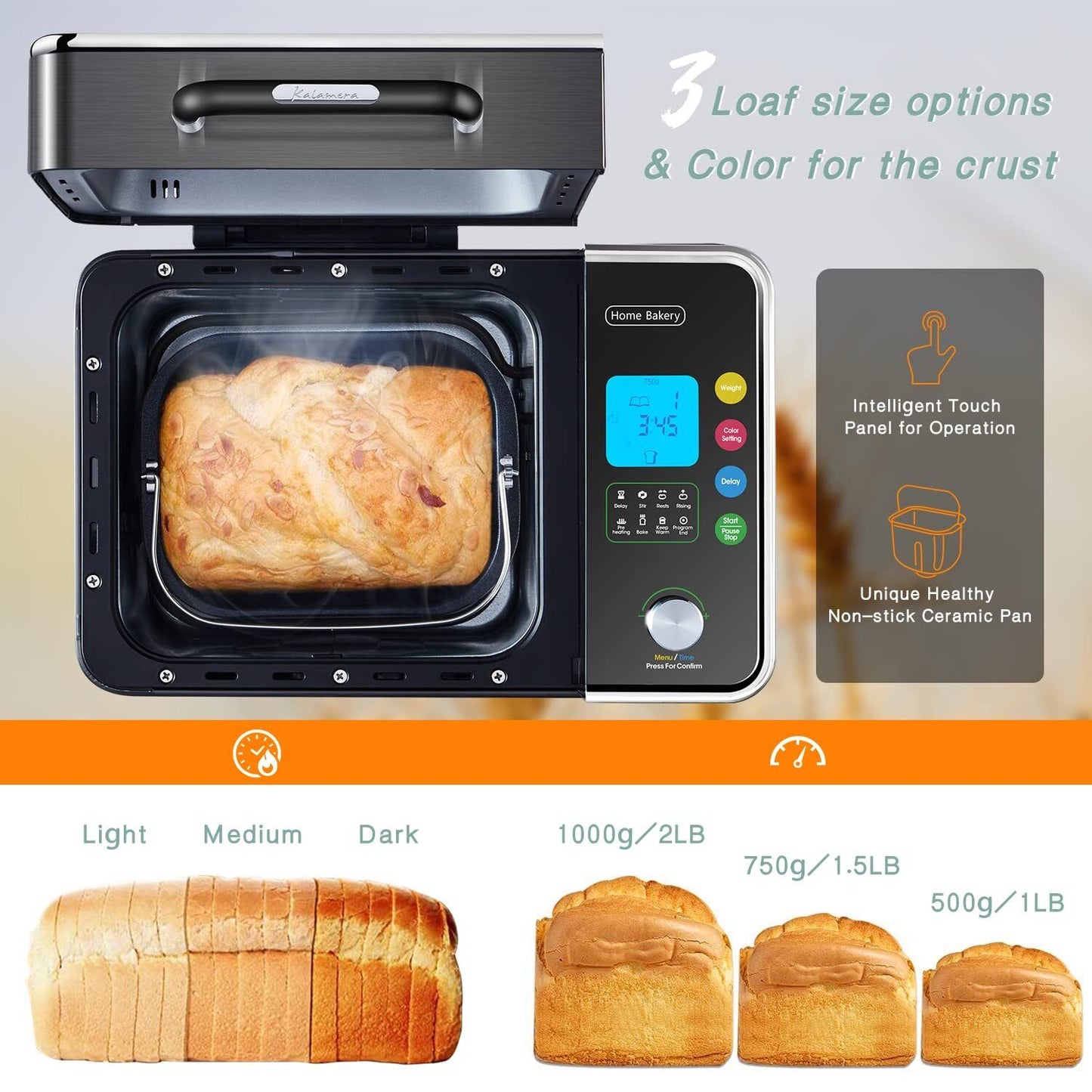 Kalamera 2LB Bread Machine Black Stainless Steel Bread Maker with Nonstick Pa...