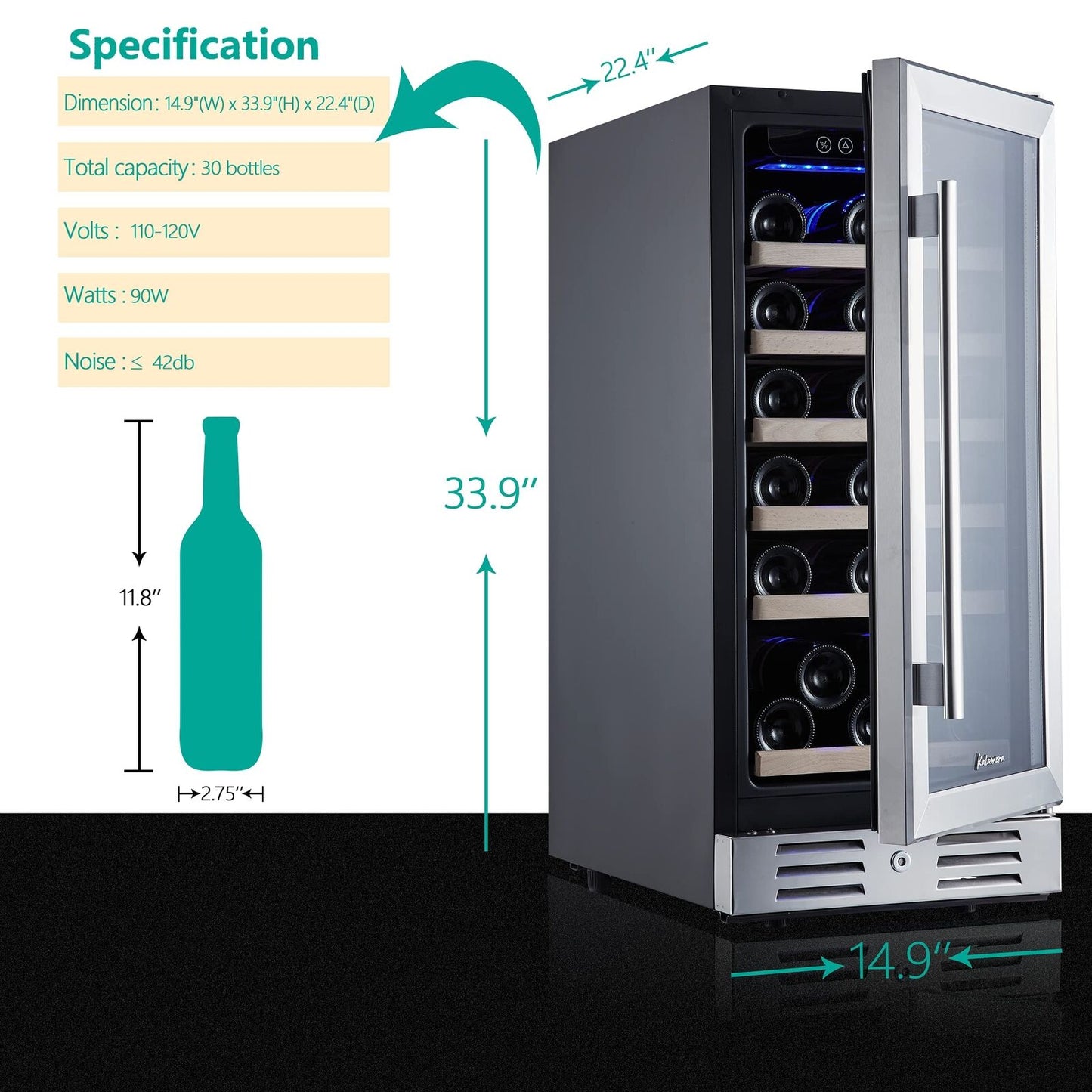 Kalamera Mini Fridge 15" Wine Cooler Refrigerator - 30 Bottle Wine Fridge wit...