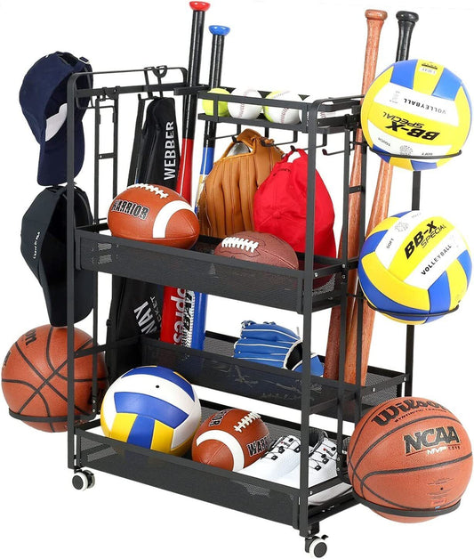 Jubao Garage Ball Storage Rack Rolling Sports Rack Organizer with Casters Whe...