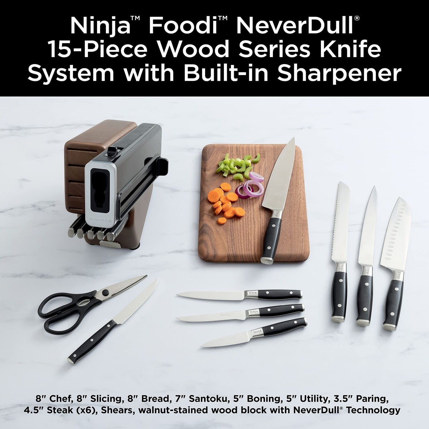 K52015 Foodi NeverDull 15 Piece Premium Knife System Wood Series Block Walnut