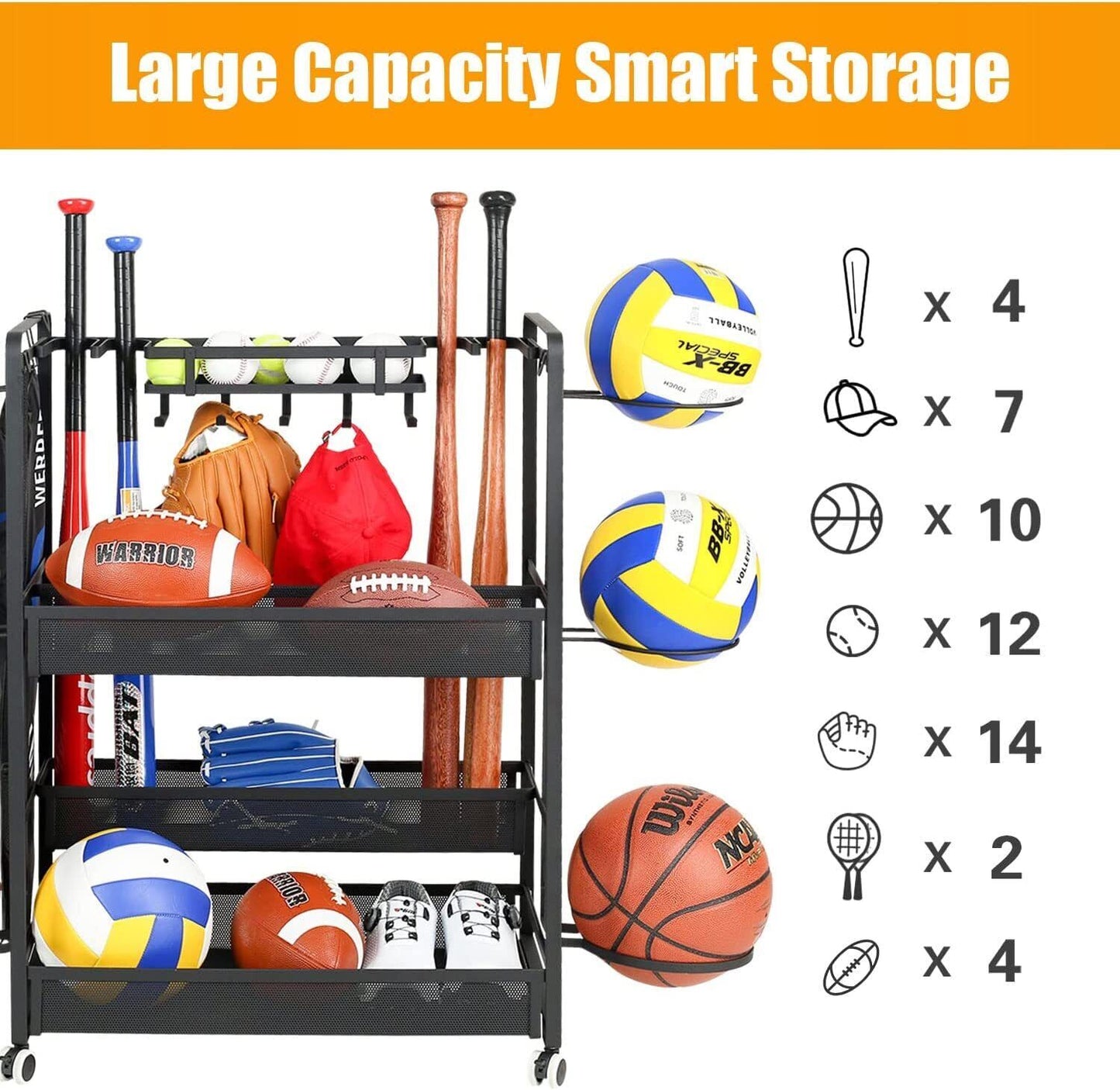 Jubao Garage Ball Storage Rack Rolling Sports Rack Organizer with Casters Whe...