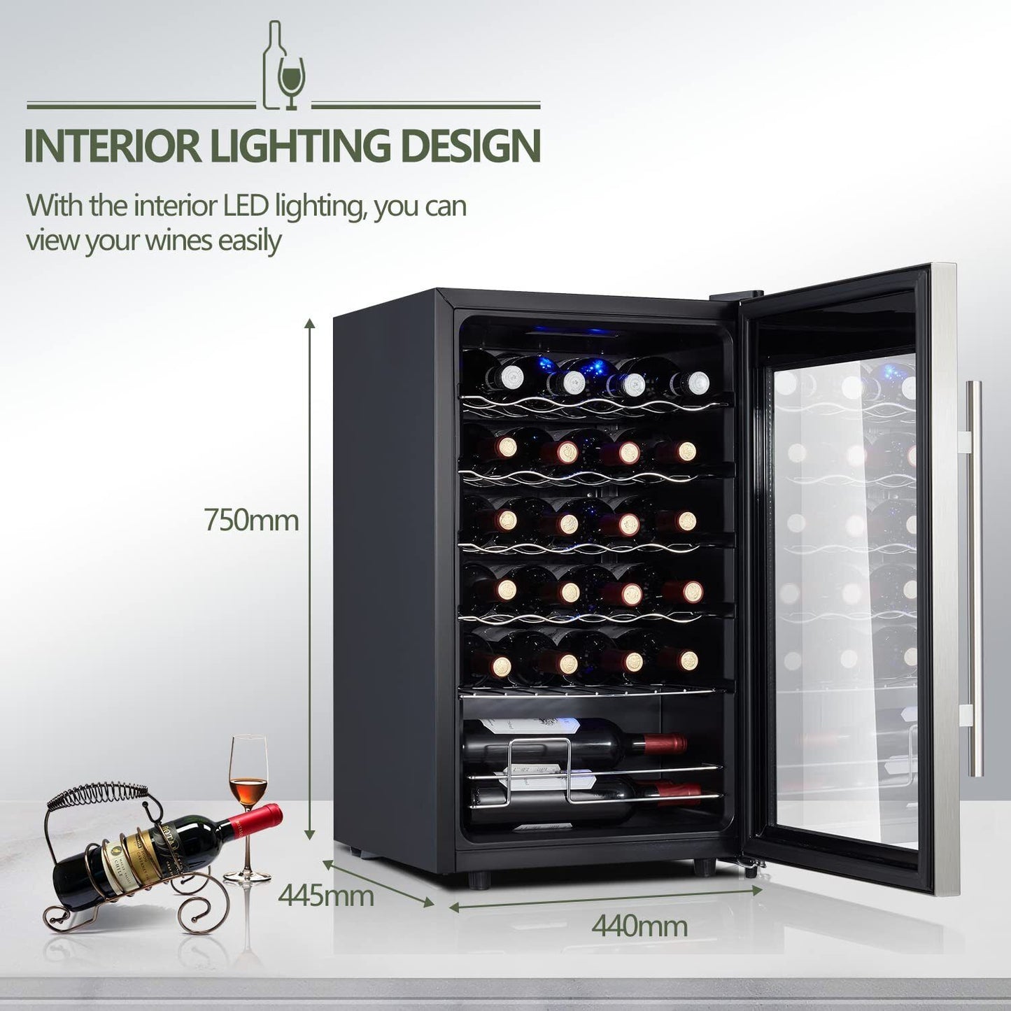 Kalamera KRC-24SS 24 Bottle Single Zone Wine Cooler Small Fridge Black