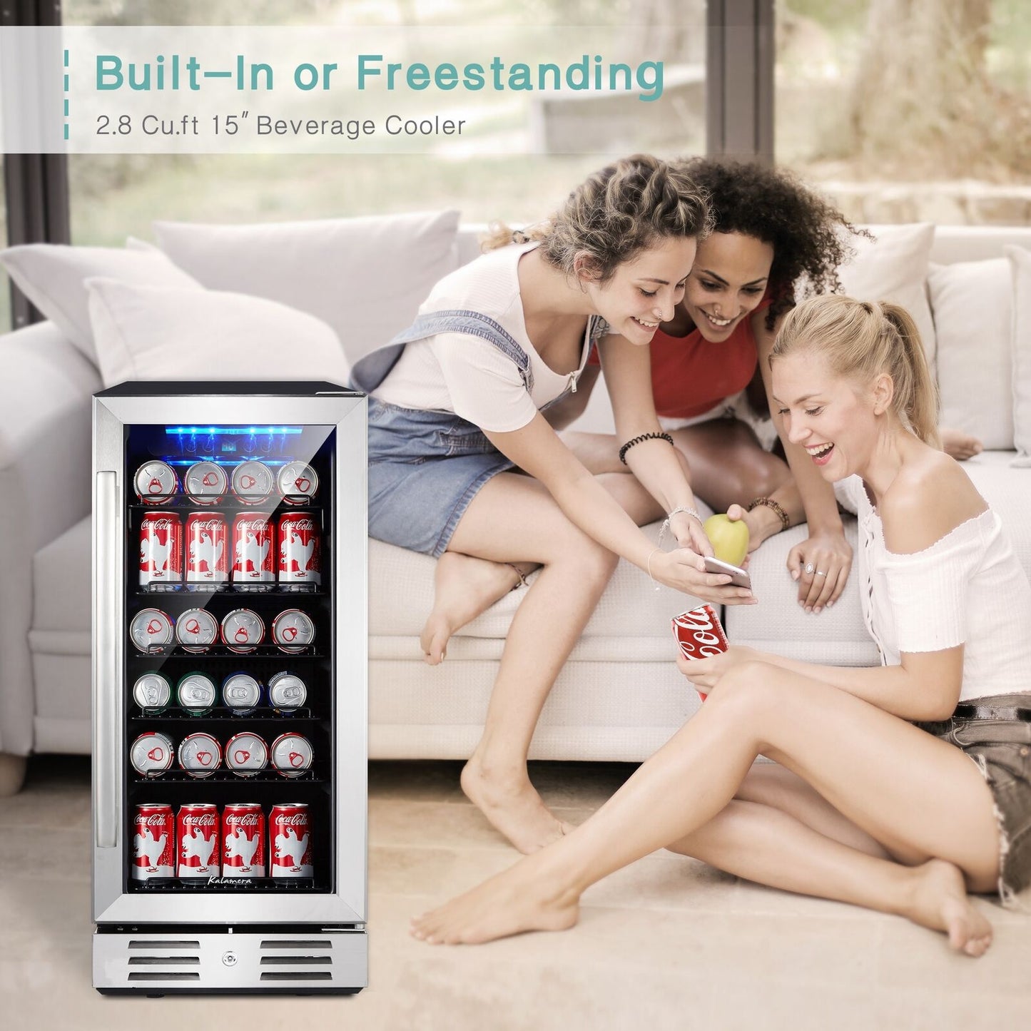 Kalamera 2.8 Cu.ft 15” Built-in 96 Can Beverage Cooler with Dual Pane Glass...