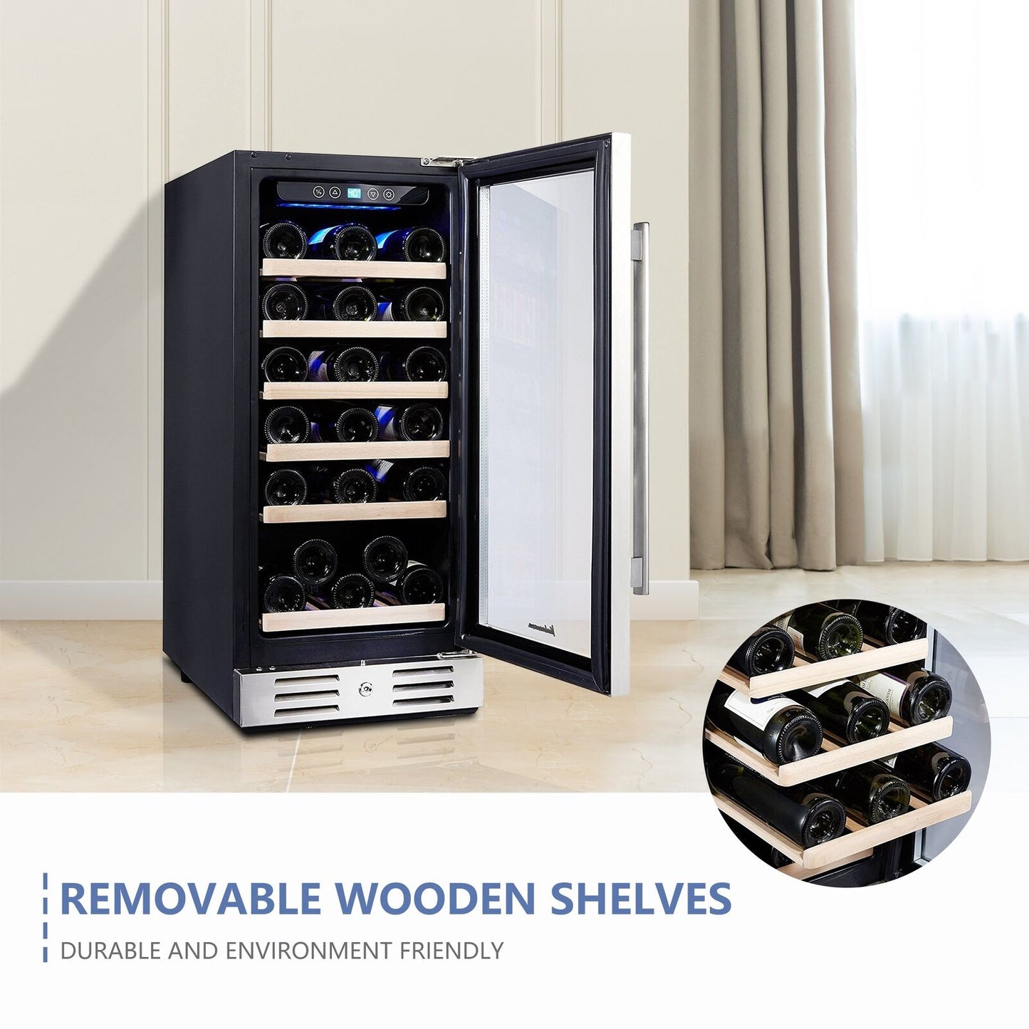 Kalamera 15'' Wine Cooler 30 Bottle Built-in or Freestanding with Stainless S...