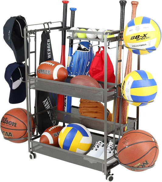 Jubao Garage Ball Storage Rack Rolling Sports Rack Organizer with Casters Whe...