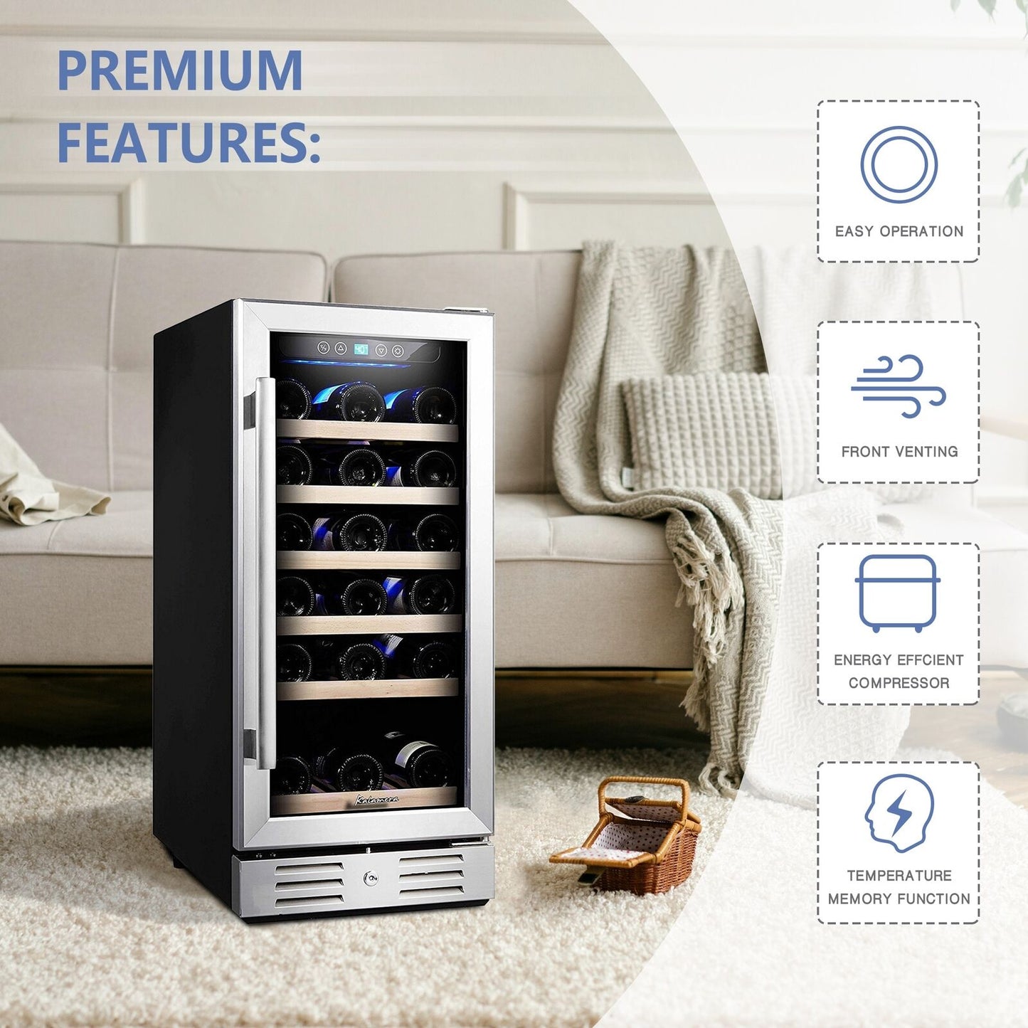 Kalamera 15'' Wine Cooler 30 Bottle Built-in or Freestanding with Stainless S...