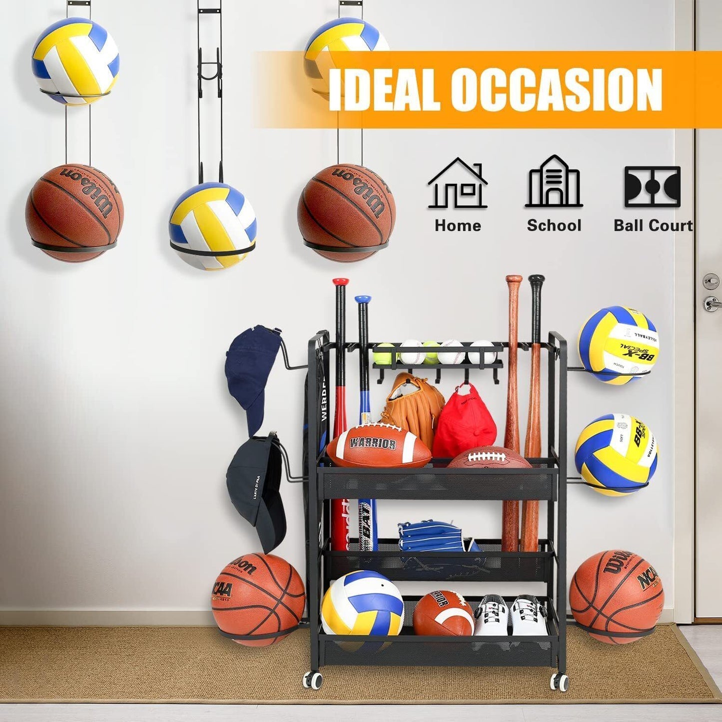 Jubao Garage Ball Storage Rack Rolling Sports Rack Organizer with Casters Whe...